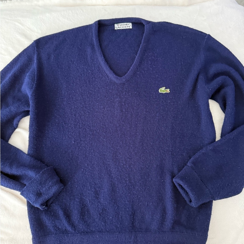 Vintage Izod Lacoste 100% Orlon Acrylic Blue V-neck Sweater Men's Size Med E67 - Picture 1 of 7